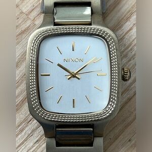 Nixon Novel The Shelley Watch Silver Rectangular Dial Gold-Tone Bracelet Markers